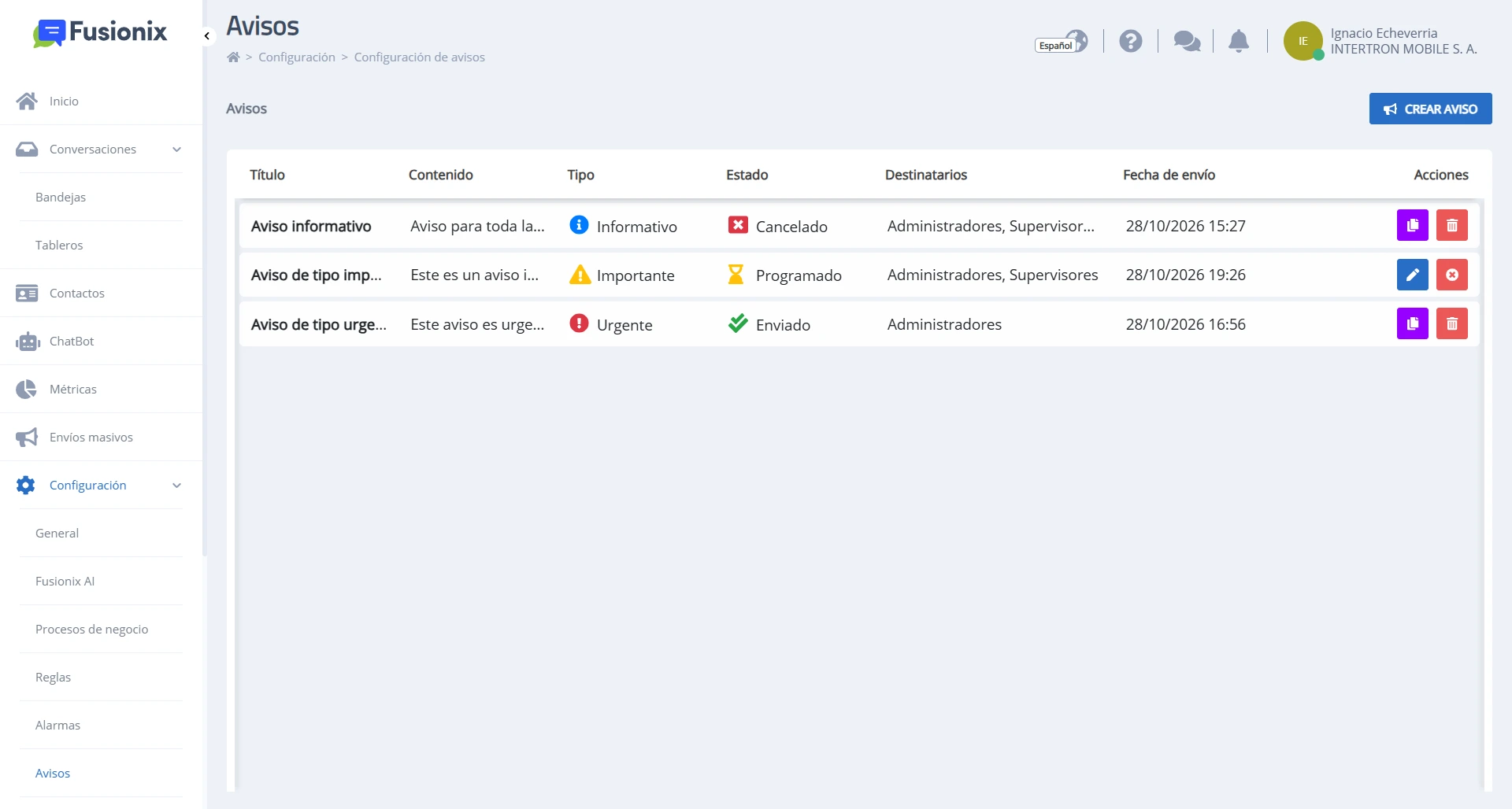 Pantalla principal de la página Avisos