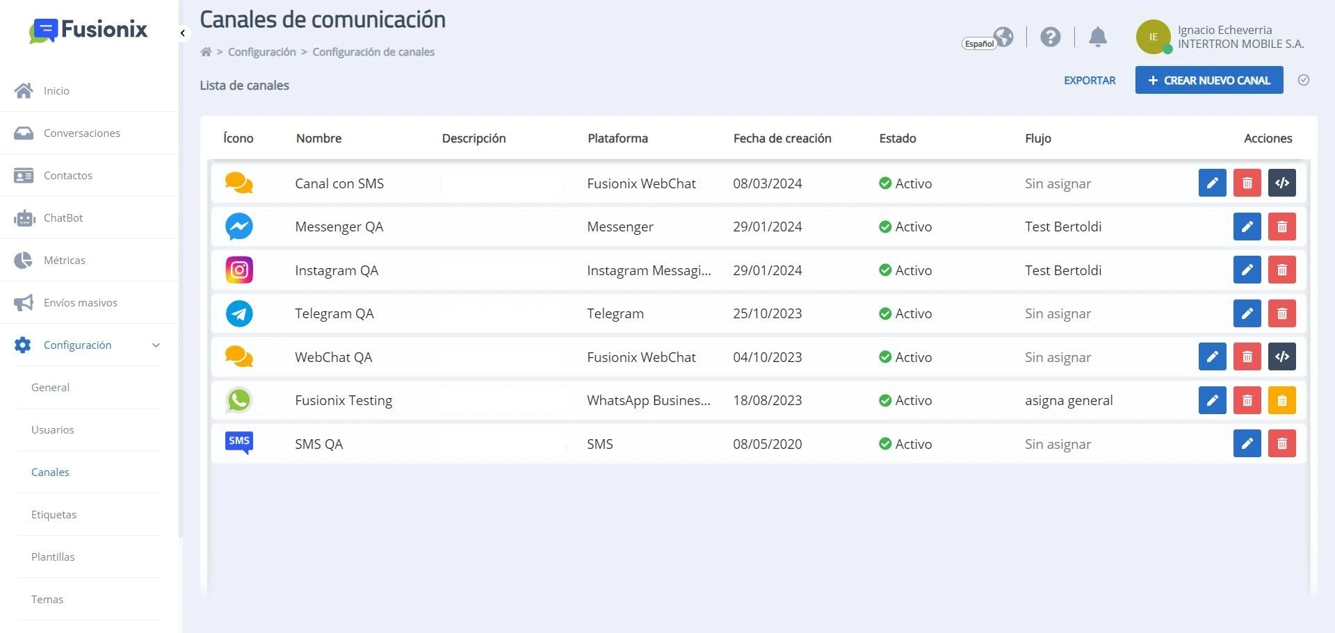 Módulo Configuración sección Canales