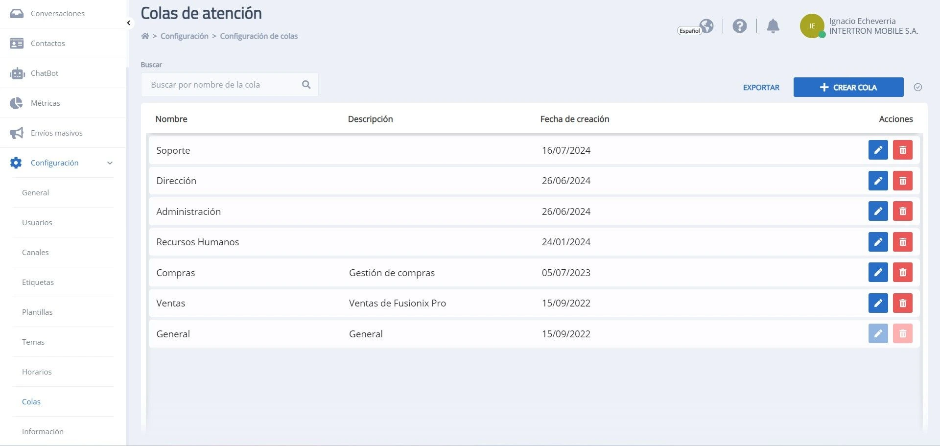 Módulo Configuración sección Colas de atención