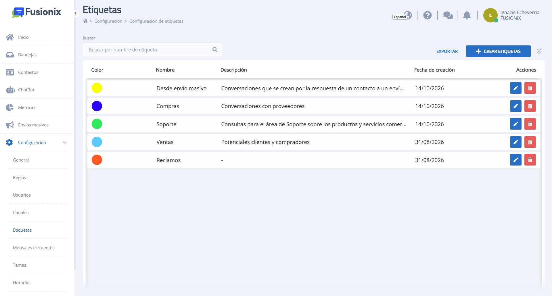 Módulo Configuración sección Etiquetas