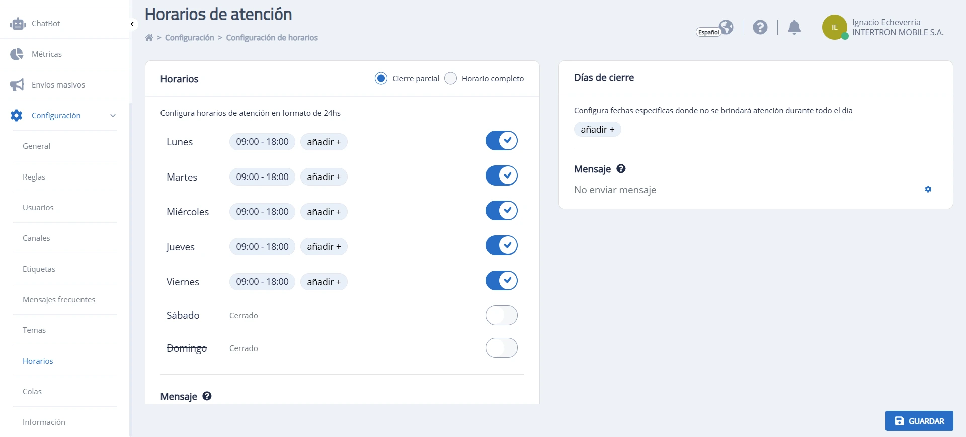 Módulo Configuración sección Horarios