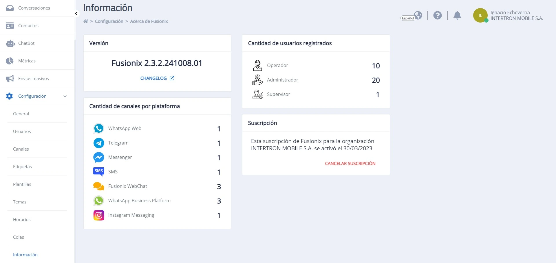 Módulo Configuración sección Información