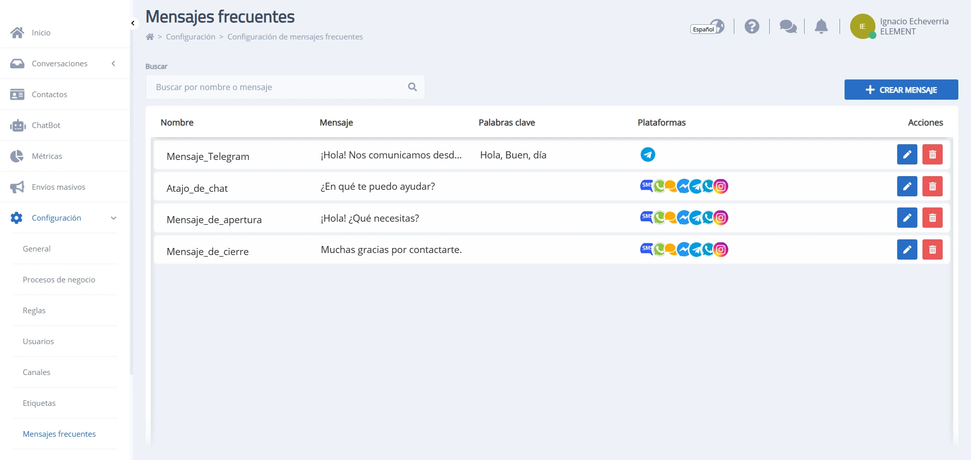 Módulo Configuración sección Mensajes frecuentes