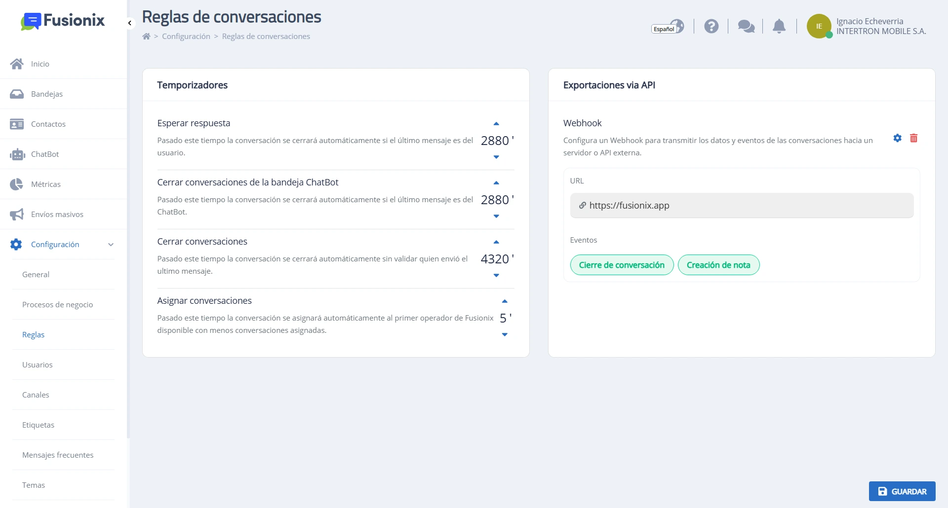 Módulo Configuración sección Reglas