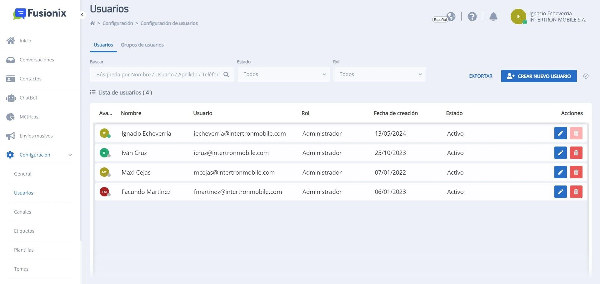 Módulo Configuración sección Usuarios
