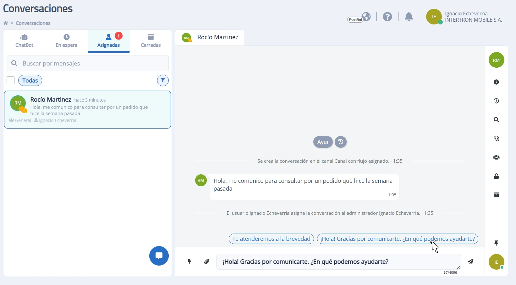 Respuesta sugerida por coincidencia de mensaje entrante con palabra clave