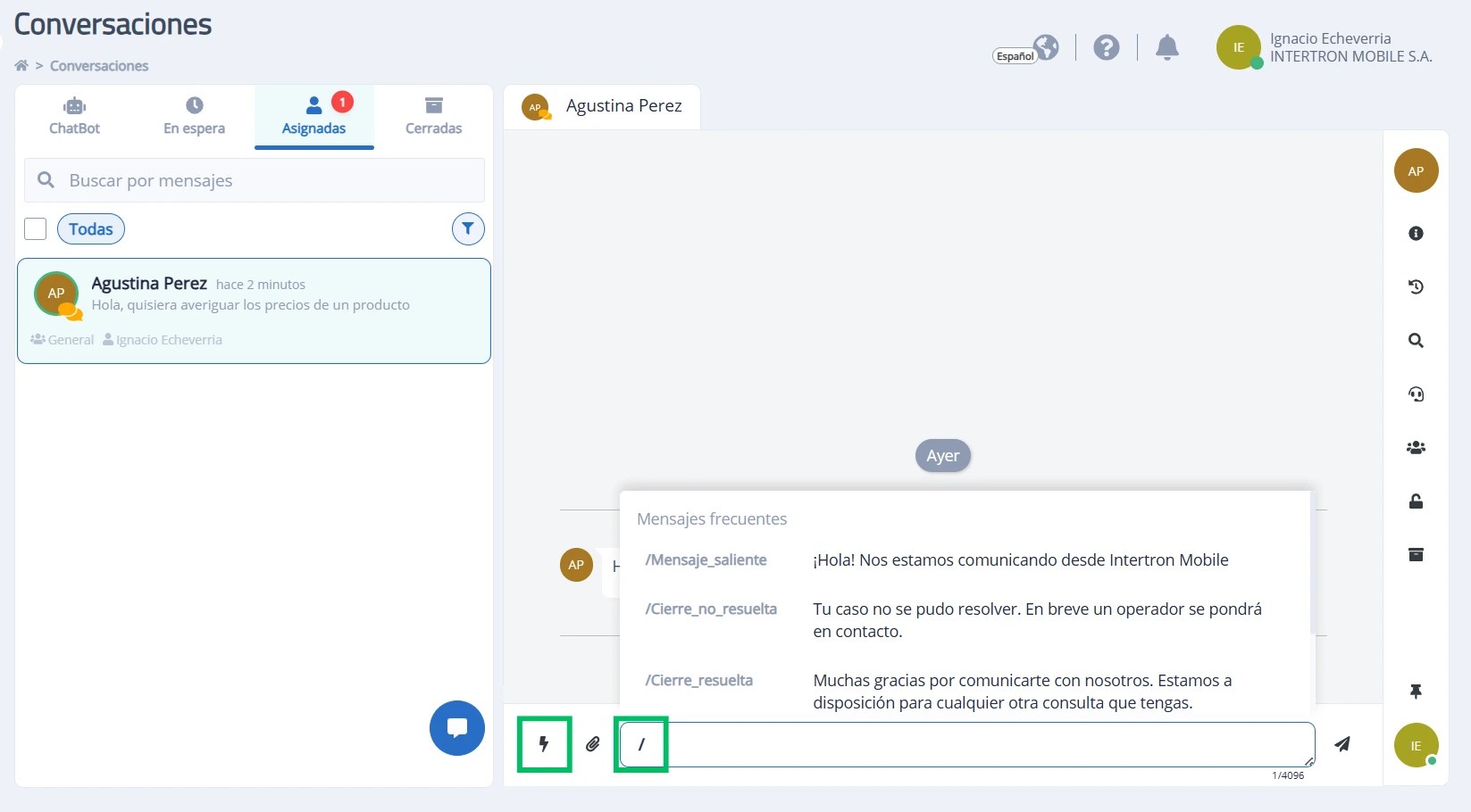 Mensajes frecuentes en el contexto de una conversación