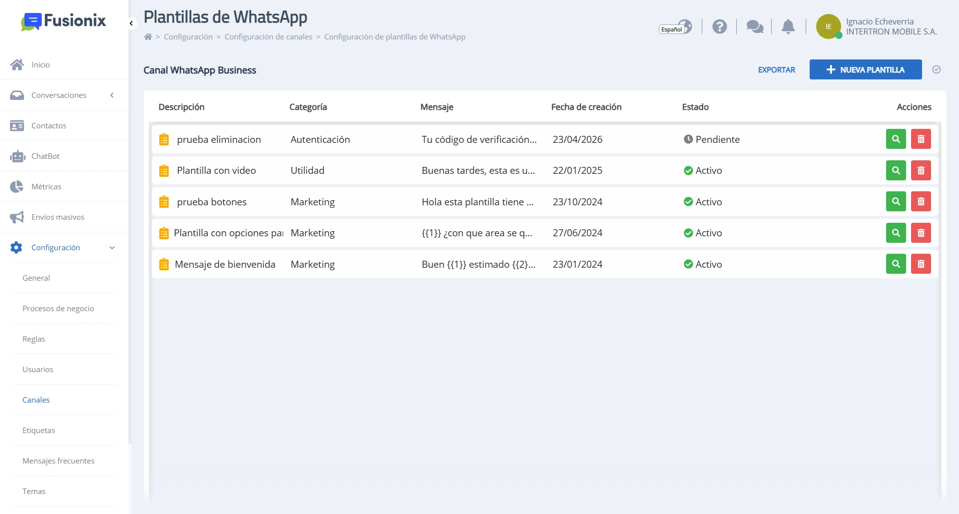 Página de gestión de plantillas de WhatsApp