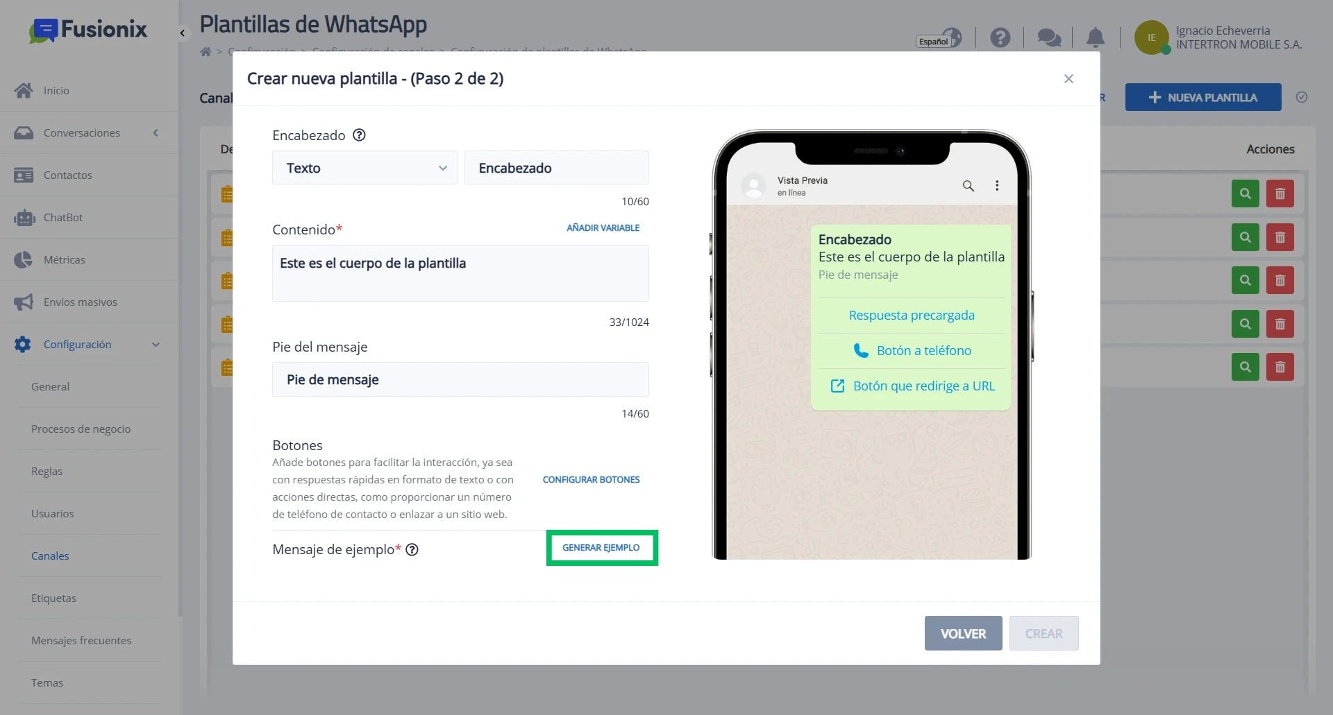 Último paso para crear una plantilla de WhatsApp