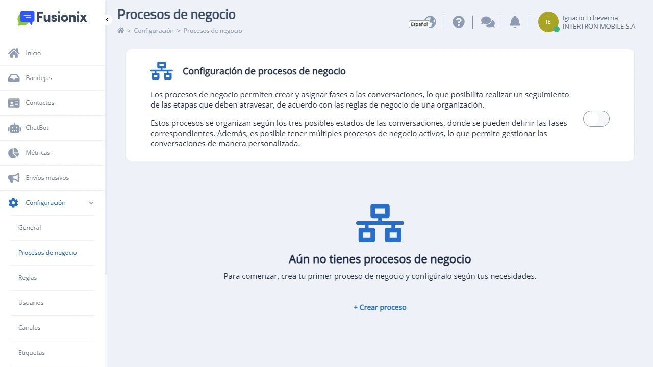 Empty state en página Configuración/Procesos de negocio