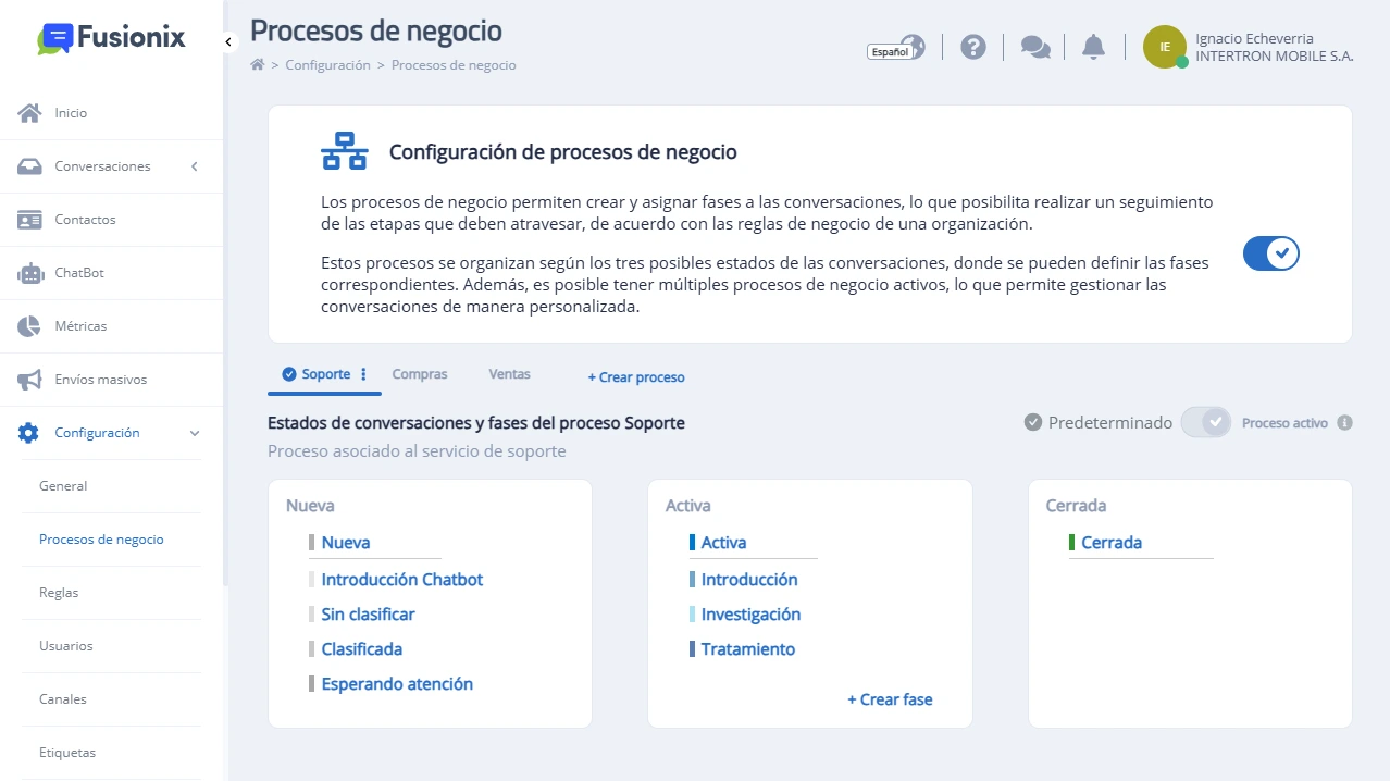 Página Configuración/Procesos de negocio con algunos procesos creados