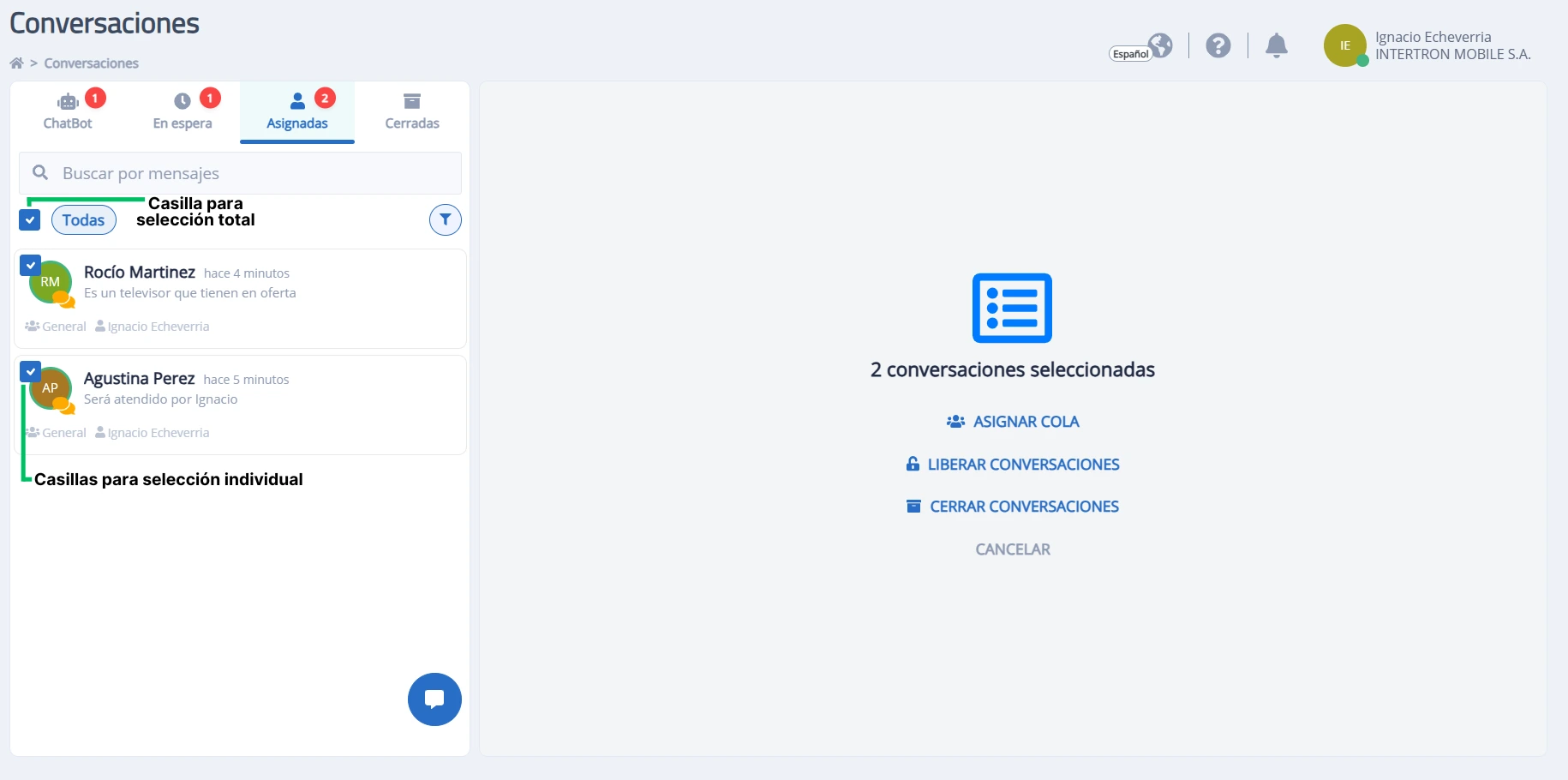 Selección múltiple de conversaciones