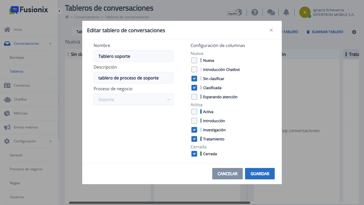 Ventana de creación o edición de un tablero