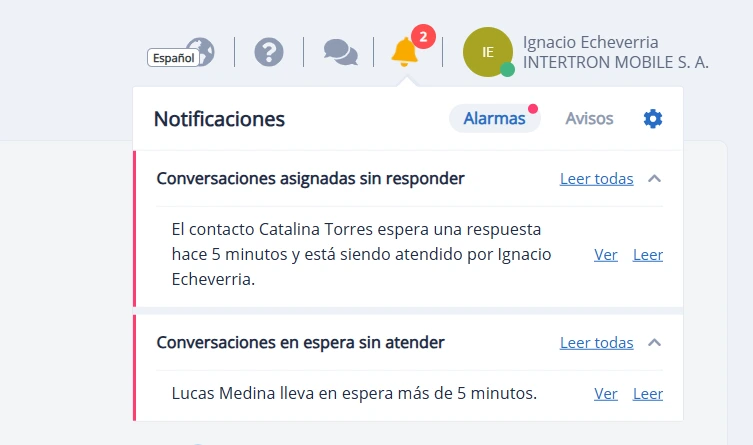 Ventana de la campana de notificaciones