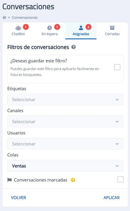 Ventana de creación de filtros